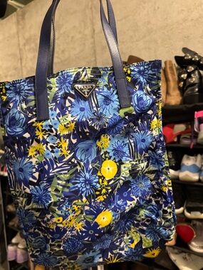 Prada Blue Floral Tote with Yellow Accents